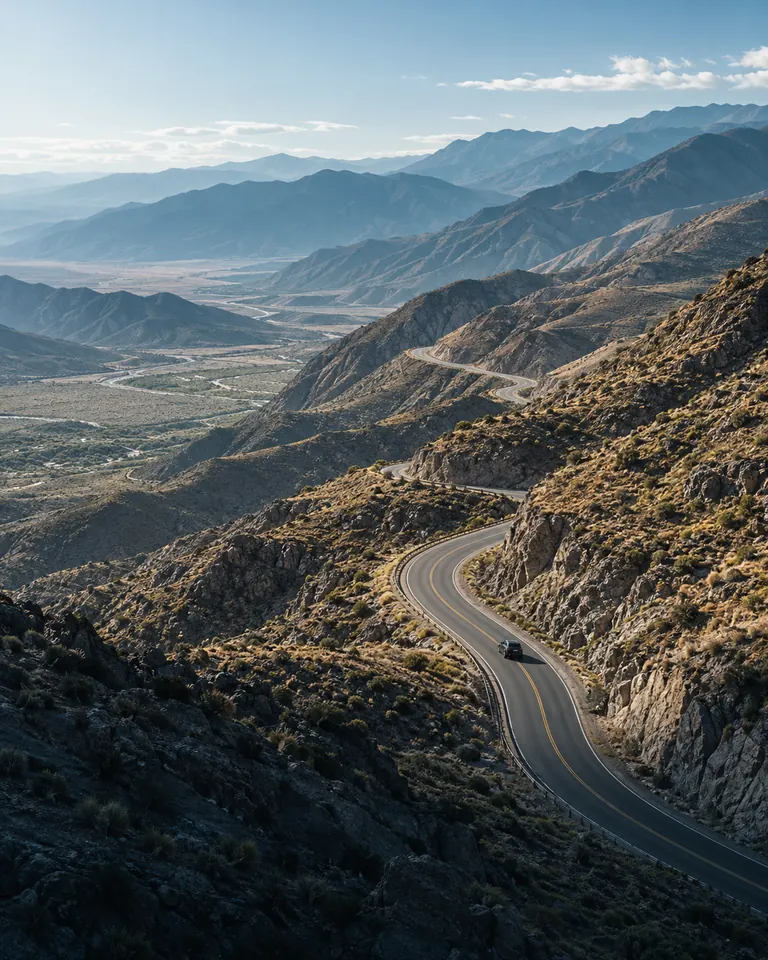 Un camino de montaña visto desde una perspectiva elevada, con un vehículo avanzando hacia la próxima curva.