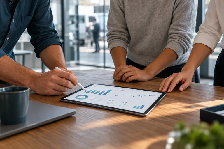 Tres colegas revisan indicadores visuales en una tablet durante una sesión de trabajo.